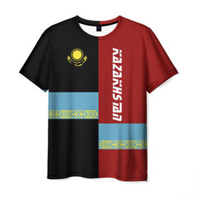 Мужская футболка 3D с принтом Kazakhstan в Курске, 100% полиэфир | прямой крой, круглый вырез горловины, длина до линии бедер | kaz | kazakhstan | kz | астана | герб | знак | казах | казахский | казахстан | казахстанцы | казашка | надпись | патриот | полосы | республика | символ | страна | флаг | флага | цвета