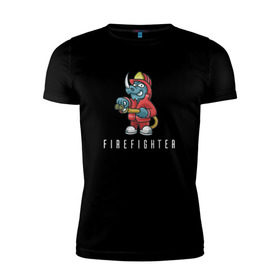 Мужская футболка премиум с принтом Пожарный в Курске, 92% хлопок, 8% лайкра | приталенный силуэт, круглый вырез ворота, длина до линии бедра, короткий рукав | fire | firefighter | борец с огнем | для пожарных | носорог | огонь | пожар | пожарник | пожарный