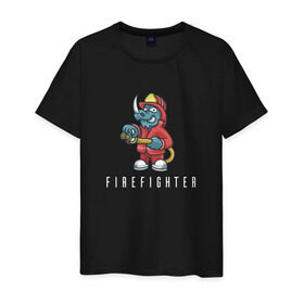 Мужская футболка хлопок с принтом Пожарный в Курске, 100% хлопок | прямой крой, круглый вырез горловины, длина до линии бедер, слегка спущенное плечо. | fire | firefighter | борец с огнем | для пожарных | носорог | огонь | пожар | пожарник | пожарный