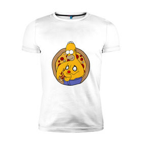 Мужская футболка премиум с принтом Гомер и пицца в Курске, 92% хлопок, 8% лайкра | приталенный силуэт, круглый вырез ворота, длина до линии бедра, короткий рукав | Тематика изображения на принте: homer | simpsons | гомер