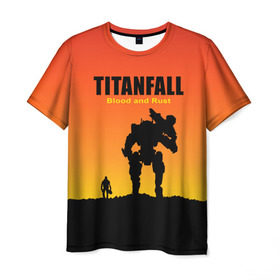Мужская футболка 3D с принтом Titanfall 2 в Курске, 100% полиэфир | прямой крой, круглый вырез горловины, длина до линии бедер | blood and rust | game | воин | закат | игра | кровь и ржавчина | робот