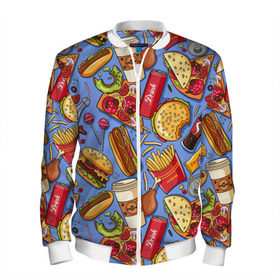 Мужской бомбер 3D с принтом Fastfood в Курске, 100% полиэстер | застегивается на молнию, по бокам два кармана без застежек, по низу бомбера и на воротнике - эластичная резинка | chicken | coffee | cola | drink | dunts | eat | fastfood | frenchfires | hotdog | lollypop | pizza | sweets | бургер | еда | кола | кофе | лимонад | напитки | пицца | пончик | фастфуд | хотдог