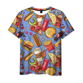 Мужская футболка 3D с принтом Fastfood в Курске, 100% полиэфир | прямой крой, круглый вырез горловины, длина до линии бедер | Тематика изображения на принте: chicken | coffee | cola | drink | dunts | eat | fastfood | frenchfires | hotdog | lollypop | pizza | sweets | бургер | еда | кола | кофе | лимонад | напитки | пицца | пончик | фастфуд | хотдог