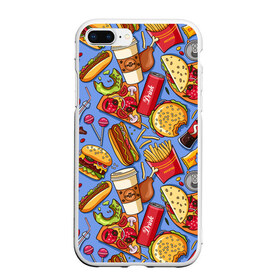 Чехол для iPhone 7Plus/8 Plus матовый с принтом Fastfood в Курске, Силикон | Область печати: задняя сторона чехла, без боковых панелей | chicken | coffee | cola | drink | dunts | eat | fastfood | frenchfires | hotdog | lollypop | pizza | sweets | бургер | еда | кола | кофе | лимонад | напитки | пицца | пончик | фастфуд | хотдог
