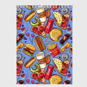 Скетчбук с принтом Fastfood в Курске, 100% бумага
 | 48 листов, плотность листов — 100 г/м2, плотность картонной обложки — 250 г/м2. Листы скреплены сверху удобной пружинной спиралью | Тематика изображения на принте: chicken | coffee | cola | drink | dunts | eat | fastfood | frenchfires | hotdog | lollypop | pizza | sweets | бургер | еда | кола | кофе | лимонад | напитки | пицца | пончик | фастфуд | хотдог