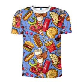 Мужская футболка 3D спортивная с принтом Fastfood в Курске, 100% полиэстер с улучшенными характеристиками | приталенный силуэт, круглая горловина, широкие плечи, сужается к линии бедра | chicken | coffee | cola | drink | dunts | eat | fastfood | frenchfires | hotdog | lollypop | pizza | sweets | бургер | еда | кола | кофе | лимонад | напитки | пицца | пончик | фастфуд | хотдог