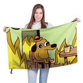 Флаг 3D с принтом This is fine в Курске, 100% полиэстер | плотность ткани — 95 г/м2, размер — 67 х 109 см. Принт наносится с одной стороны | Тематика изображения на принте: dog | in fire | meme | this is fine | в огне | все нормально | мем | собака