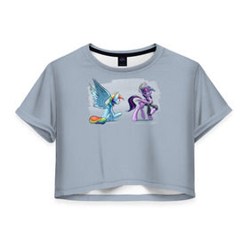 Женская футболка 3D укороченная с принтом My Little Pony в Курске, 100% полиэстер | круглая горловина, длина футболки до линии талии, рукава с отворотами | 