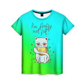 Женская футболка 3D с принтом Я пушистый,не толстый! в Курске, 100% полиэфир ( синтетическое хлопкоподобное полотно) | прямой крой, круглый вырез горловины, длина до линии бедер | cat | взгляд | кот | кот хипстер | котёнок | котятки | котятушки | кошечки | кошка | мордочка