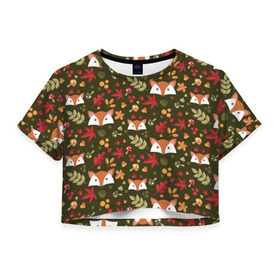 Женская футболка 3D укороченная с принтом Лисоньки в лесу в Курске, 100% полиэстер | круглая горловина, длина футболки до линии талии, рукава с отворотами | лиса | лисичка | лисоньки | лисы | паттерн