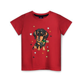 Детская футболка хлопок с принтом Такса с розой в Курске, 100% хлопок | круглый вырез горловины, полуприлегающий силуэт, длина до линии бедер | dog | doggy | животные | пес | роза | сердечко | сердце | собака | собачка | такса | цветок | цветы
