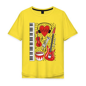 Мужская футболка хлопок Oversize с принтом Музыкальное сердце в Курске, 100% хлопок | свободный крой, круглый ворот, “спинка” длиннее передней части | ансамбль | гитара | клавиши | музыка | музыкальные инструменты | ноты | скрипка | три цвета | труба | флейта | фортепиано