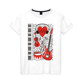 Женская футболка хлопок с принтом Музыкальное сердце в Курске, 100% хлопок | прямой крой, круглый вырез горловины, длина до линии бедер, слегка спущенное плечо | ансамбль | гитара | клавиши | музыка | музыкальные инструменты | ноты | скрипка | три цвета | труба | флейта | фортепиано