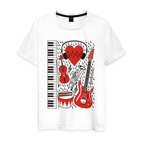 Мужская футболка хлопок с принтом Музыкальное сердце в Курске, 100% хлопок | прямой крой, круглый вырез горловины, длина до линии бедер, слегка спущенное плечо. | ансамбль | гитара | клавиши | музыка | музыкальные инструменты | ноты | скрипка | три цвета | труба | флейта | фортепиано