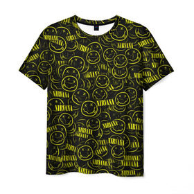 Мужская футболка 3D с принтом Нирвана в Курске, 100% полиэфир | прямой крой, круглый вырез горловины, длина до линии бедер | Тематика изображения на принте: grunge | kurt cobain | гранж | курт кобейн | паттерн | смайл
