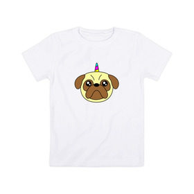Детская футболка хлопок с принтом Мопс единорог в Курске, 100% хлопок | круглый вырез горловины, полуприлегающий силуэт, длина до линии бедер | Тематика изображения на принте: единорог | мопс | радуга | рог | собака | щенок