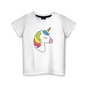 Детская футболка хлопок с принтом Единорог радуга в Курске, 100% хлопок | круглый вырез горловины, полуприлегающий силуэт, длина до линии бедер | Тематика изображения на принте: лошадь | радужный