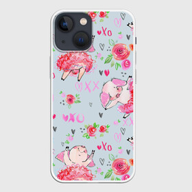 Чехол для iPhone 13 mini с принтом Свинки балеринки в Курске,  |  | ballerina | ballet | dance | dancer | heart | hearts | pig | piget | pink | rose | roses | балерина | балет | поросенок | пуанты | розовый | розы | свинка | танцовщица | танцы | цветы