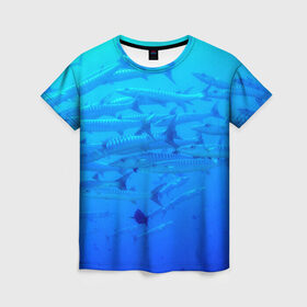 Женская футболка 3D с принтом Морская фауна в Курске, 100% полиэфир ( синтетическое хлопкоподобное полотно) | прямой крой, круглый вырез горловины, длина до линии бедер | Тематика изображения на принте: fish | fishes | pisces | море | морские обитатели | морской | океан | рыбы