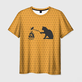 Мужская футболка 3D с принтом Кот жарит в Курске, 100% полиэфир | прямой крой, круглый вырез горловины, длина до линии бедер | еда | костер | кот | кошка | мышь