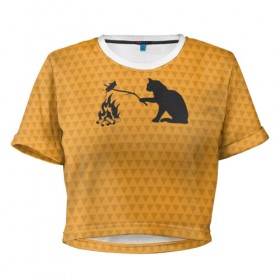 Женская футболка Cropp-top с принтом Кот жарит в Курске, 100% полиэстер | круглая горловина, длина футболки до линии талии, рукава с отворотами | еда | костер | кот | кошка | мышь