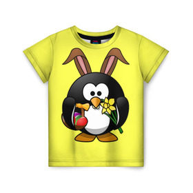 Детская футболка 3D с принтом Пасхальный пингвин в Курске, 100% гипоаллергенный полиэфир | прямой крой, круглый вырез горловины, длина до линии бедер, чуть спущенное плечо, ткань немного тянется | весна | кролик | пасха | пингвин | праздники | яйцо