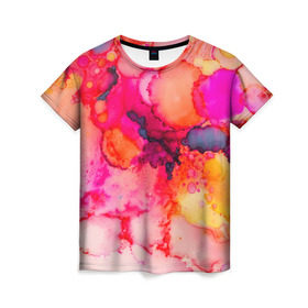 Женская футболка 3D с принтом Весенние краски в Курске, 100% полиэфир ( синтетическое хлопкоподобное полотно) | прямой крой, круглый вырез горловины, длина до линии бедер | abstraction | color | spray | tie dye | абстракция | акварель | брызги красок | живопись | искусство | капли капли | краски | текстуры | цветные краски | яркие цвета