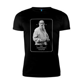 Мужская футболка премиум с принтом Лев Толстой в Курске, 92% хлопок, 8% лайкра | приталенный силуэт, круглый вырез ворота, длина до линии бедра, короткий рукав | лев толстой | писатель | русская литература