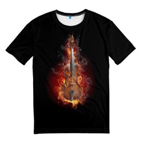 Мужская футболка 3D с принтом Пылающая скрипка в Курске, 100% полиэфир | прямой крой, круглый вырез горловины, длина до линии бедер | Тематика изображения на принте: 