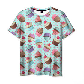 Мужская футболка 3D с принтом Милые кексики в Курске, 100% полиэфир | прямой крой, круглый вырез горловины, длина до линии бедер | Тематика изображения на принте: cupcake | deliciouse | lollipop | strawberry | sweets | yummy | вкусняшки | еда | капкейк | капкейки | клубника | конфета | леденец | сладости | черника
