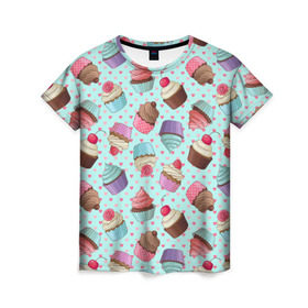 Женская футболка 3D с принтом Милые кексики в Курске, 100% полиэфир ( синтетическое хлопкоподобное полотно) | прямой крой, круглый вырез горловины, длина до линии бедер | cupcake | deliciouse | lollipop | strawberry | sweets | yummy | вкусняшки | еда | капкейк | капкейки | клубника | конфета | леденец | сладости | черника