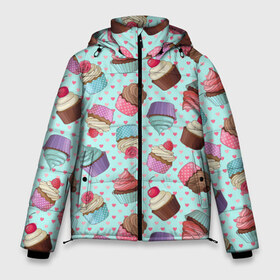 Мужская зимняя куртка 3D с принтом Милые кексики в Курске, верх — 100% полиэстер; подкладка — 100% полиэстер; утеплитель — 100% полиэстер | длина ниже бедра, свободный силуэт Оверсайз. Есть воротник-стойка, отстегивающийся капюшон и ветрозащитная планка. 

Боковые карманы с листочкой на кнопках и внутренний карман на молнии. | cupcake | deliciouse | lollipop | strawberry | sweets | yummy | вкусняшки | еда | капкейк | капкейки | клубника | конфета | леденец | сладости | черника