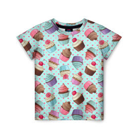 Детская футболка 3D с принтом Милые кексики в Курске, 100% гипоаллергенный полиэфир | прямой крой, круглый вырез горловины, длина до линии бедер, чуть спущенное плечо, ткань немного тянется | cupcake | deliciouse | lollipop | strawberry | sweets | yummy | вкусняшки | еда | капкейк | капкейки | клубника | конфета | леденец | сладости | черника
