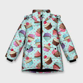 Зимняя куртка для девочек 3D с принтом Милые кексики в Курске, ткань верха — 100% полиэстер; подклад — 100% полиэстер, утеплитель — 100% полиэстер. | длина ниже бедра, удлиненная спинка, воротник стойка и отстегивающийся капюшон. Есть боковые карманы с листочкой на кнопках, утяжки по низу изделия и внутренний карман на молнии. 

Предусмотрены светоотражающий принт на спинке, радужный светоотражающий элемент на пуллере молнии и на резинке для утяжки. | cupcake | deliciouse | lollipop | strawberry | sweets | yummy | вкусняшки | еда | капкейк | капкейки | клубника | конфета | леденец | сладости | черника
