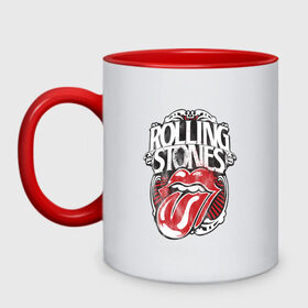 Кружка двухцветная с принтом The Rolling Stones в Курске, керамика | объем — 330 мл, диаметр — 80 мм. Цветная ручка и кайма сверху, в некоторых цветах — вся внутренняя часть | the rolling stones | бродяги | вольные странники | группа | катящиеся камни | кит ричардс | мик джаггер | рок | рок н ролл | ролинг | роллинг | рон вуд | стоун | стоунз | стоунс | чарли уоттс