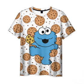 Мужская футболка 3D с принтом Cookie monster в Курске, 100% полиэфир | прямой крой, круглый вырез горловины, длина до линии бедер | Тематика изображения на принте: cookie | cookiemonster | delicious | eat | monster | yummy | еда | куки | кукимонстр | монстр | печенье | сладости | улица | улицасезам