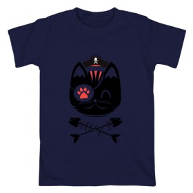 Мужская футболка хлопок с принтом кот пират в Курске, 100% хлопок | прямой крой, круглый вырез горловины, длина до линии бедер, слегка спущенное плечо. | кот | пират | рыбка | скелет