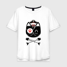 Мужская футболка хлопок Oversize с принтом кот пират в Курске, 100% хлопок | свободный крой, круглый ворот, “спинка” длиннее передней части | кот | пират | рыбка | скелет
