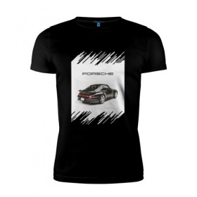 Мужская футболка премиум с принтом Porsche retro в Курске, 92% хлопок, 8% лайкра | приталенный силуэт, круглый вырез ворота, длина до линии бедра, короткий рукав | Тематика изображения на принте: auto | porsche | retro | авто | автомобиль | порш | порше | ретро