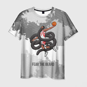 Мужская футболка 3D с принтом Fear the Beard в Курске, 100% полиэфир | прямой крой, круглый вырез горловины, длина до линии бедер | Тематика изображения на принте: hurden | nba | rockets | баскетбол | нба | харден | хьюстон рокетс