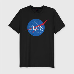Мужская футболка премиум с принтом Elon в Курске, 92% хлопок, 8% лайкра | приталенный силуэт, круглый вырез ворота, длина до линии бедра, короткий рукав | Тематика изображения на принте: elon musk | spacex | илон маск | космос | марс | спейс икс