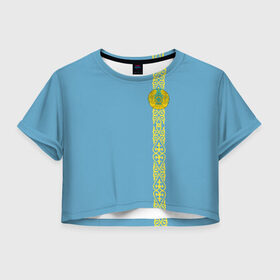 Женская футболка Cropp-top с принтом Казахстан, лента с гербом в Курске, 100% полиэстер | круглая горловина, длина футболки до линии талии, рукава с отворотами | kaz | kazakhstan | kz | герб | казахстан | орнамент | флаг