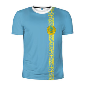 Мужская футболка 3D спортивная с принтом Казахстан, лента с гербом в Курске, 100% полиэстер с улучшенными характеристиками | приталенный силуэт, круглая горловина, широкие плечи, сужается к линии бедра | kaz | kazakhstan | kz | герб | казахстан | орнамент | флаг