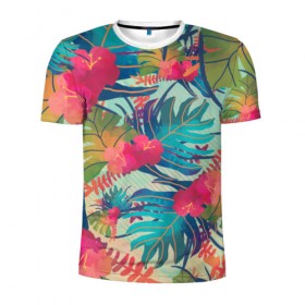 Мужская футболка 3D спортивная с принтом Тропический в Курске, 100% полиэстер с улучшенными характеристиками | приталенный силуэт, круглая горловина, широкие плечи, сужается к линии бедра | весна | джунгли | для весны | для лета | лес | лето | листья | текстура | тропики | цветы