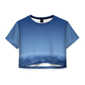 Женская футболка 3D укороченная с принтом Blue Mountains в Курске, 100% полиэстер | круглая горловина, длина футболки до линии талии, рукава с отворотами | вид | горы | ночь | пейзаж | природа | синий | скалы | сумерки | туман | утро