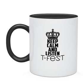 Кружка двухцветная с принтом Keep calm and listen T-Fest в Курске, керамика | объем — 330 мл, диаметр — 80 мм. Цветная ручка и кайма сверху, в некоторых цветах — вся внутренняя часть | t fest | т фест