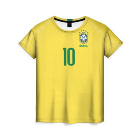 Женская футболка 3D с принтом Неймар 2018 домашняя в Курске, 100% полиэфир ( синтетическое хлопкоподобное полотно) | прямой крой, круглый вырез горловины, длина до линии бедер | brazil | cup champions | league | neymar | world | бразилия | неймар