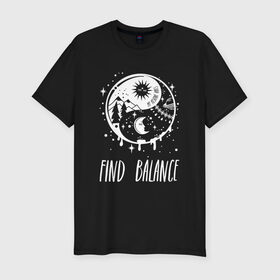 Мужская футболка премиум с принтом Find balance в Курске, 92% хлопок, 8% лайкра | приталенный силуэт, круглый вырез ворота, длина до линии бедра, короткий рукав | balance | moon | nature | positive | stars | sun | vibes | баланс | гармония | звезды | инь | луна | небо | природа | символ | солнце | ян