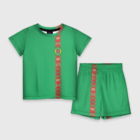 Детский костюм с шортами 3D с принтом Туркменистан, лента с гербом в Курске,  |  | tkm | tm | trkmenistan | азия | ашхабад | герб | государство | знак | надпись | патриот | полосы | республика | символ | снг | страна | туркмен | туркменистан | туркмения | флаг | флага | цвета