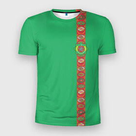 Мужская футболка 3D спортивная с принтом Туркменистан, лента с гербом в Курске, 100% полиэстер с улучшенными характеристиками | приталенный силуэт, круглая горловина, широкие плечи, сужается к линии бедра | tkm | tm | trkmenistan | азия | ашхабад | герб | государство | знак | надпись | патриот | полосы | республика | символ | снг | страна | туркмен | туркменистан | туркмения | флаг | флага | цвета